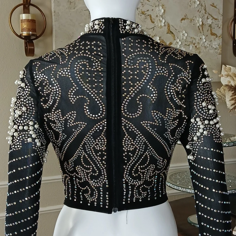 Banjul Black Beaded Long-Sleeve Crop Sheer Cocktail Mock Neck Top. Size M - Picture 9 of 17